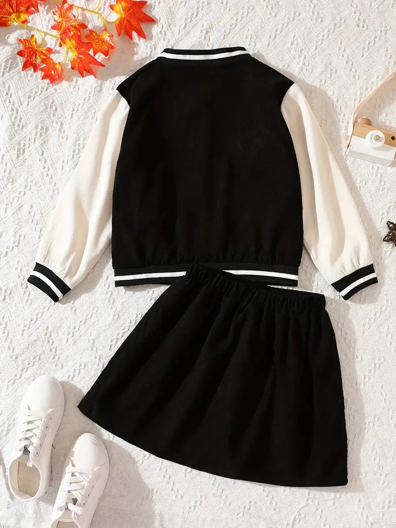 Ensemble fille automne 2 pièces – Veste bicolore et jupe marron chic