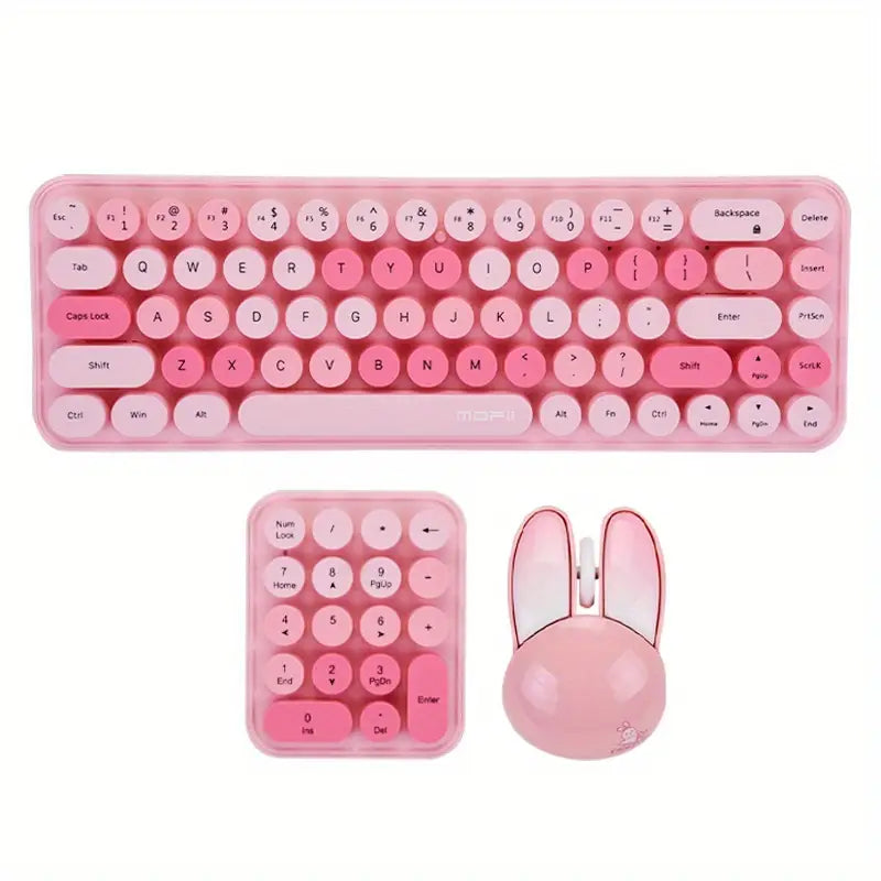 Clavier Rétro Rose avec Pavé Numérique + Souris Sans Fil Design Lapin – Kit Kawaii pour Bureau et Gaming