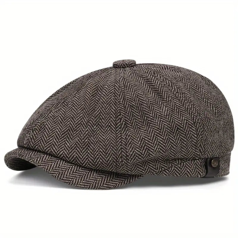 Casquette gavroche homme rétro – Chapeau plat en tweed à chevrons gris pour look vintage élégant