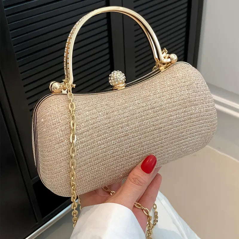 Sac de soirée femme doré – Pochette chic avec chaîne et fermoir perlé