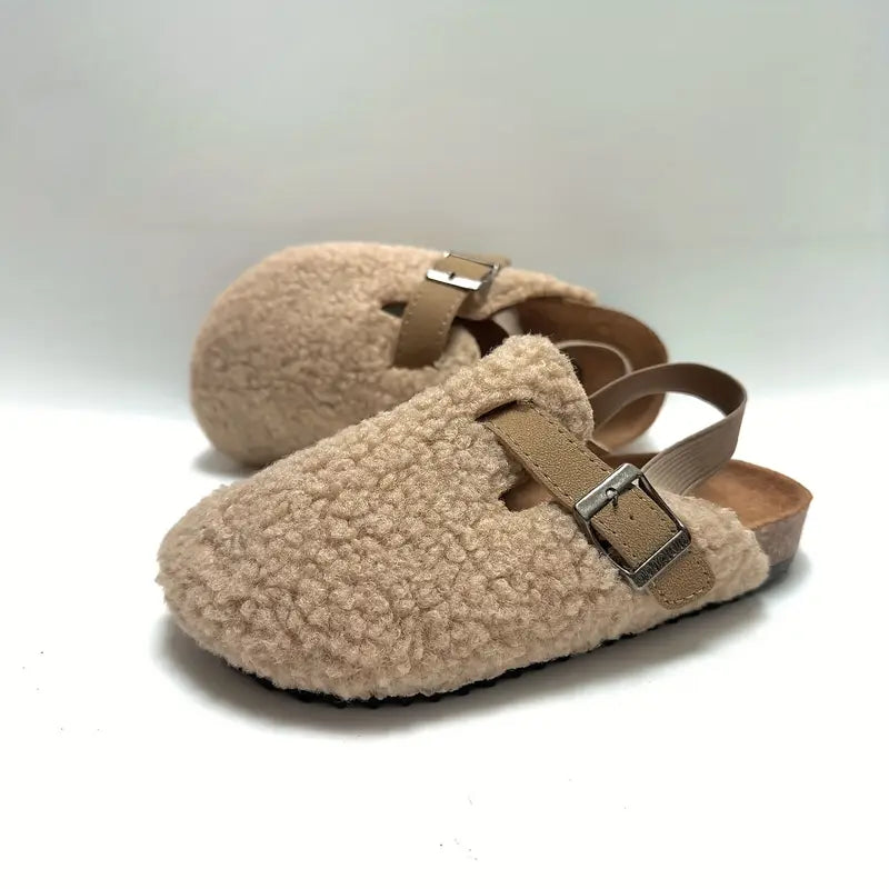 Mules fille fourrées en laine – Sabots chauds avec bride réglable et semelle confort