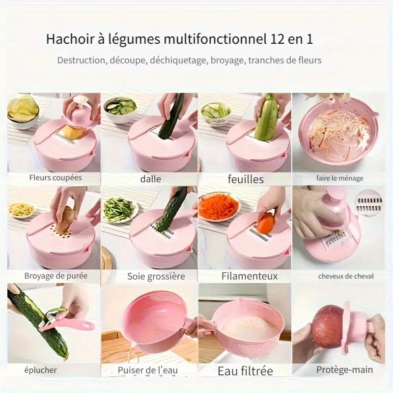 Mandoline de Cuisine 12 en 1 avec Râpe et Bac Collecteur – Coupe-Légumes Sécurisée et Pratique