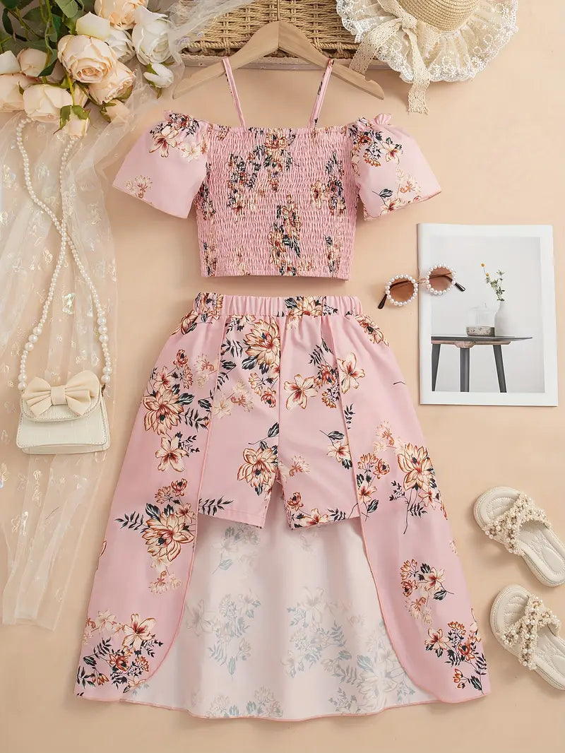 Hauts fille à fleurs – Top smocké rose avec jupe longue assortie élégante d’été