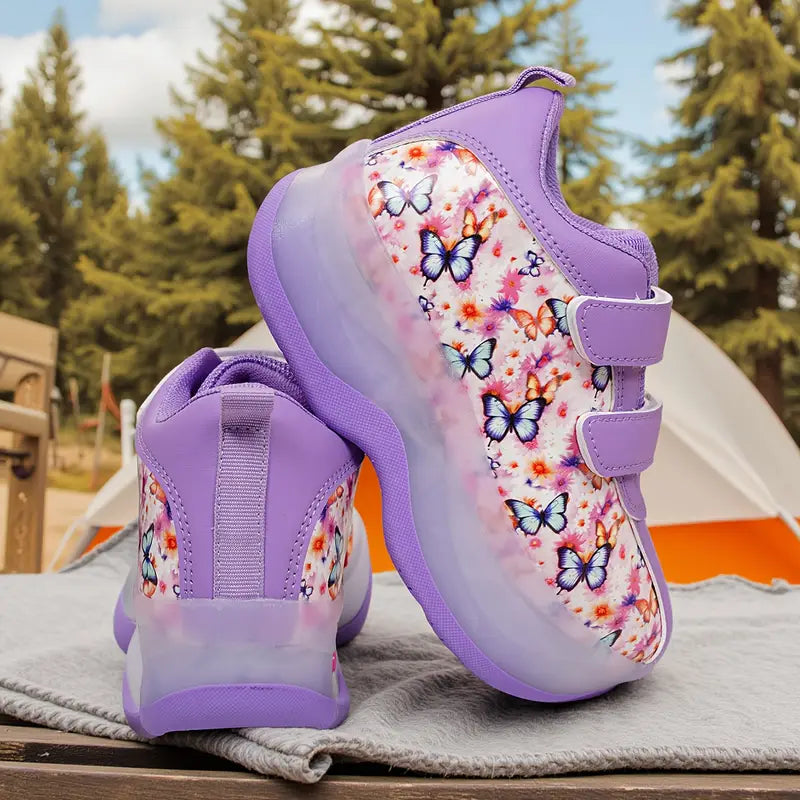 Chaussures de sport fille – Baskets violettes à scratch avec imprimé papillons colorés tendance