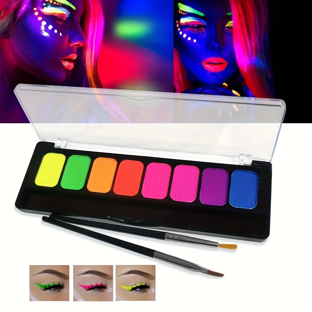 Palette de Peinture Fluorescente pour le Visage et le Corps – 8 Couleurs Néon avec Pinceaux