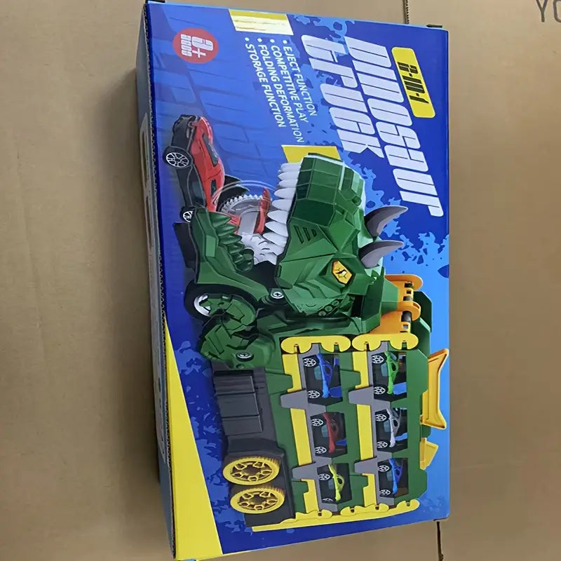 Camion transporteur dinosaure avec 12 voitures miniatures – Jouet véhicule enfant avec rampes de course et rangement