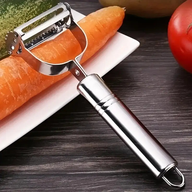 Éplucheur à Julienne Inox 2-en-1 – Râpe Légumes Professionnelle pour Courgettes, Carottes et Concombres – Compact et Idéal en Camping ou Cuisine Mobile