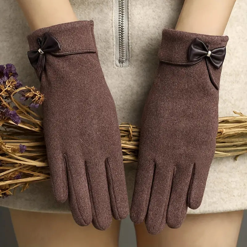Gants femme élégants en laine chaude avec nœud décoratif – Accessoire chic pour l’hiver