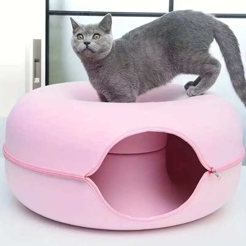 Lit Donut Double Entrée pour Chat – Maison Fermée en Feutre avec Coussin Douillet Intégré