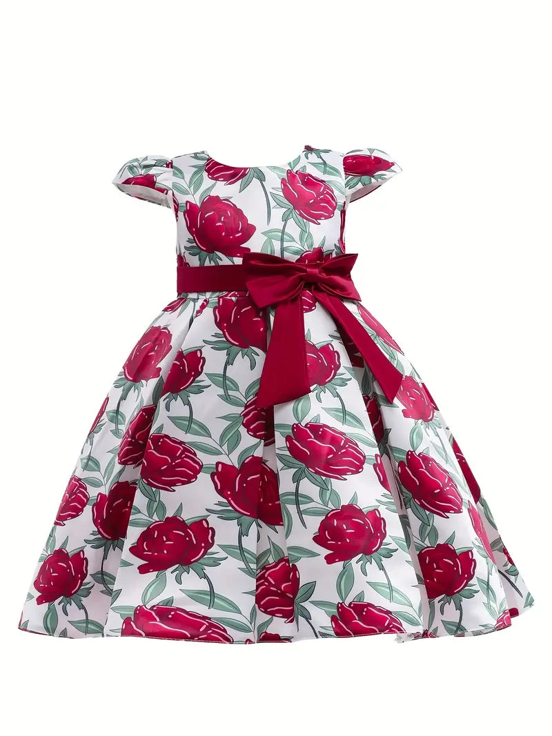 Robe fille élégante à fleurs multicolores – Robe de cérémonie avec grand nœud violet