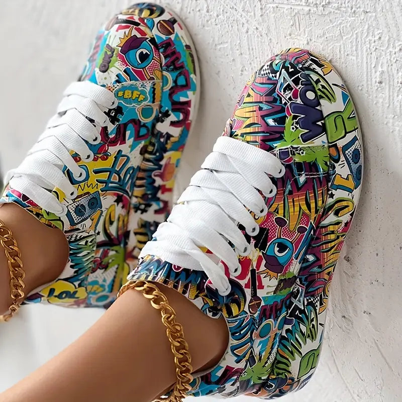 Baskets femme imprimé graffiti multicolore – Sneakers tendance streetwear confortables et respirantes