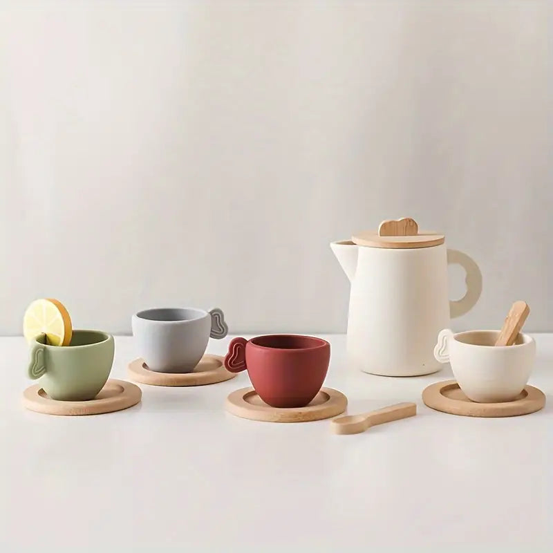 Service à Thé en Bois pour Enfants – Jouet d’Imitation Montessori avec Tasses et Théière Éducatives