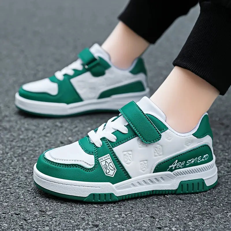 Chaussures garçon vert et blanc à scratch – Sneakers confortables sans lacets sport et école