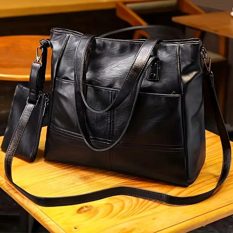 Sac Cabas Femme Noir Élégant en Simili Cuir – Grand Sac à Main avec Bandoulière et Pochette Amovible