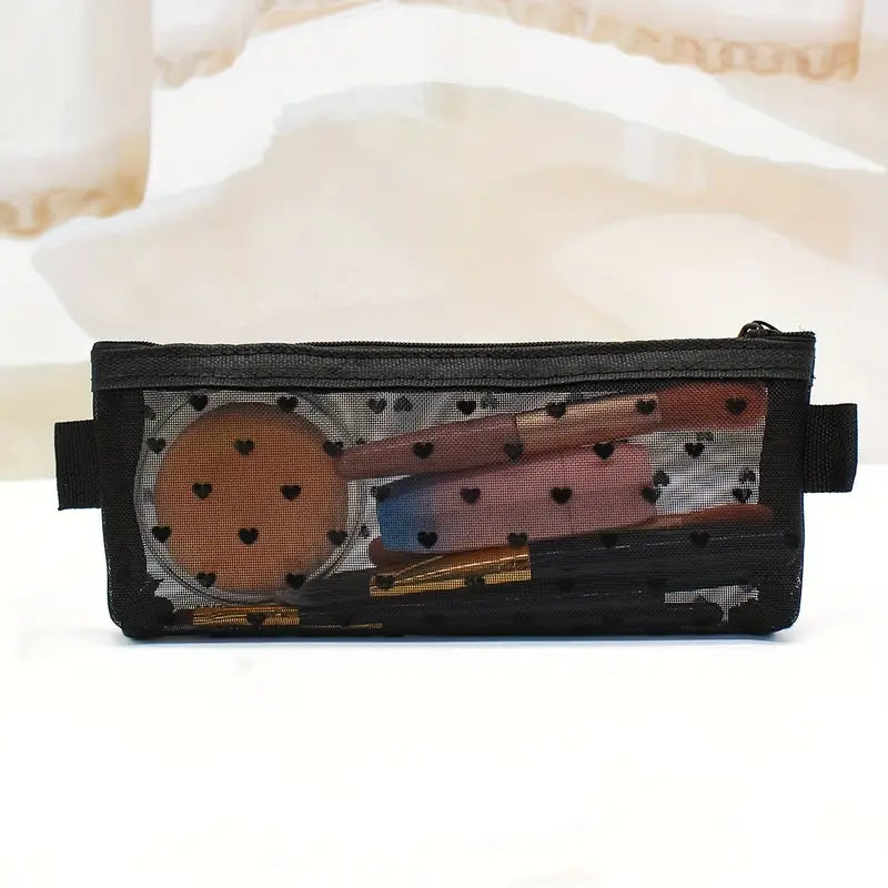 Trousse de maquillage transparente en maille noire Motifs cœurs, légère et respirante
