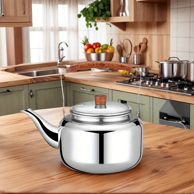 Théière en Inox avec Poignée Bois – Bouilloire Traditionnelle pour Café ou Thé – Compatible Tous Feux