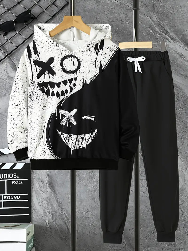 Ensemble Garçon Sweat à Capuche Imprimé Graphique + Pantalon Jogging – Tenue Décontractée Stylée