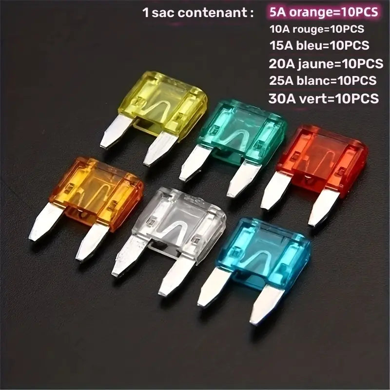 Lot de Fusibles Voiture Universels – Assortiment Multicolore de Remplacement pour Circuits Électriques Auto