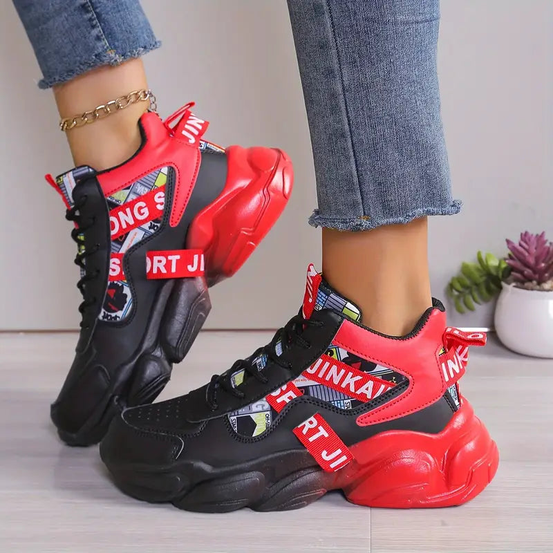 Baskets montantes femme noires et rouges – Chaussures de sport tendance confortables pour streetwear et fitness