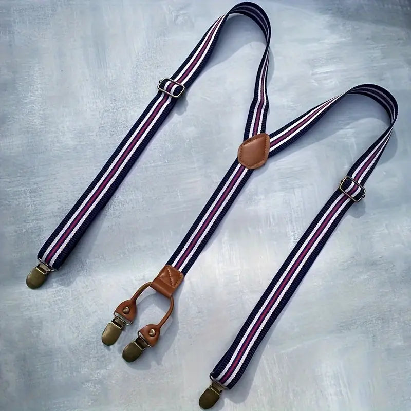 Bretelles homme à rayures rétro ajustables – Style vintage élégant avec attaches métalliques et cuir marron