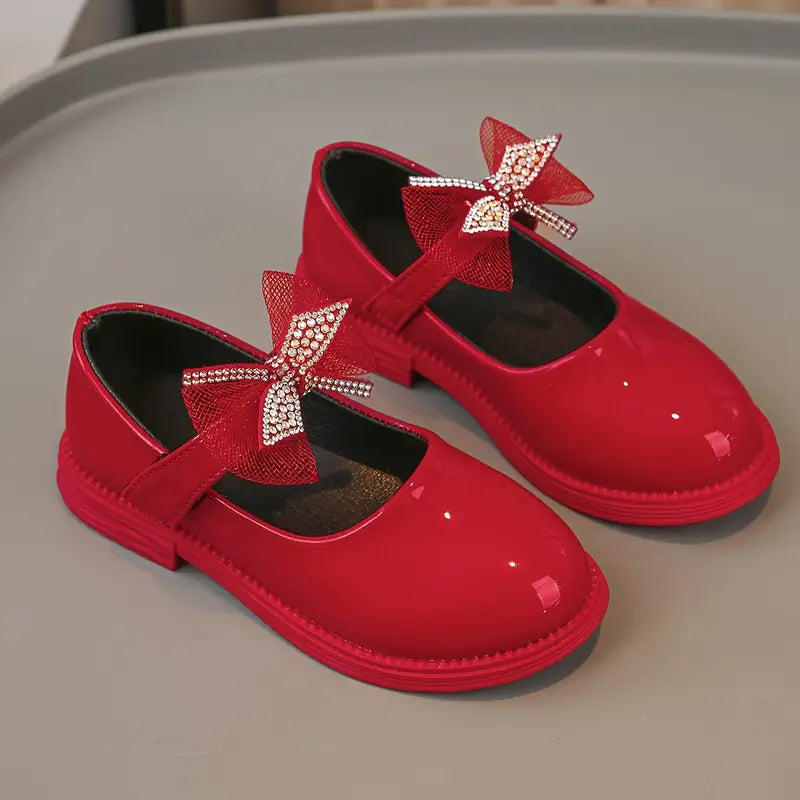 Ballerines fille rouges vernies avec nœud strass – Chaussures élégantes pour fête, cérémonie et mariage