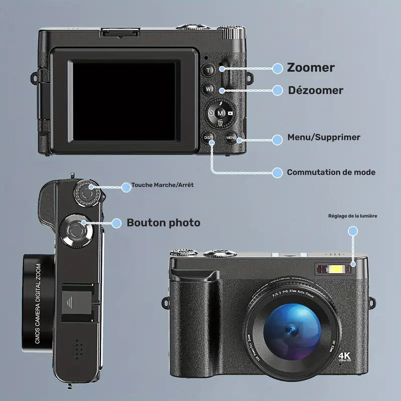 Appareil Photo Numérique 4K UHD – Écran Rotatif & Zoom HD | Idéal Vlog & Sport