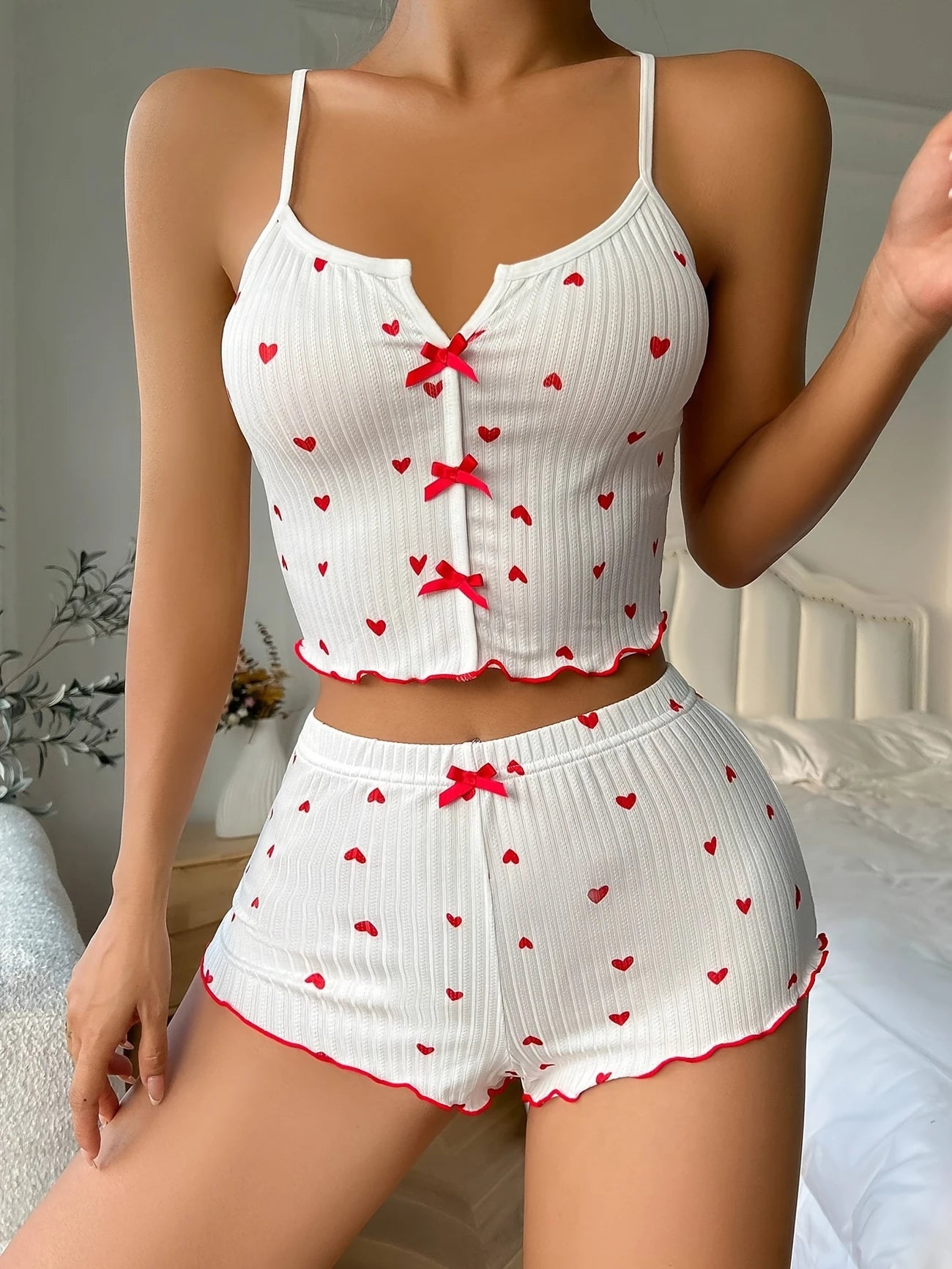 Pyjama Femme Été Côtelé Rose – Ensemble 2 Pièces Débardeur & Short à Cœurs
