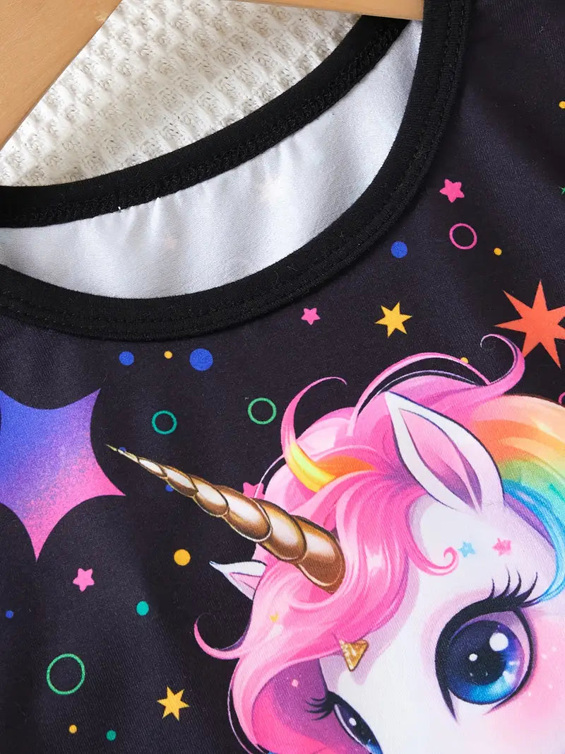 Ensemble fille licorne 2 pièces – T-shirt et pantalon bleu nuit imprimé étoiles