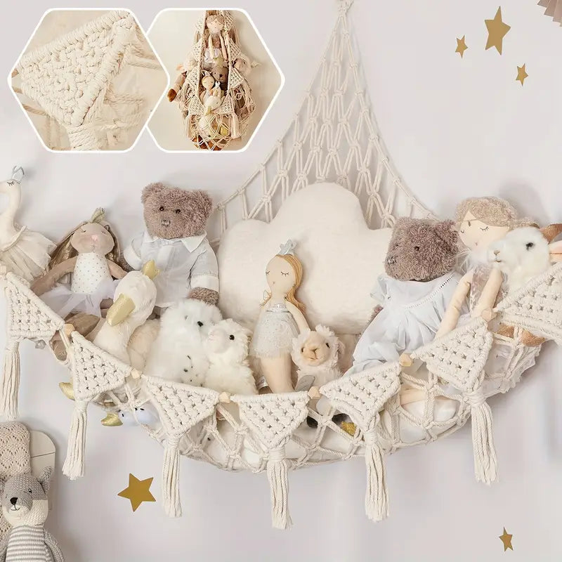 Filet de rangement mural en macramé – Décoration chambre bébé bohème pour peluches et jouets