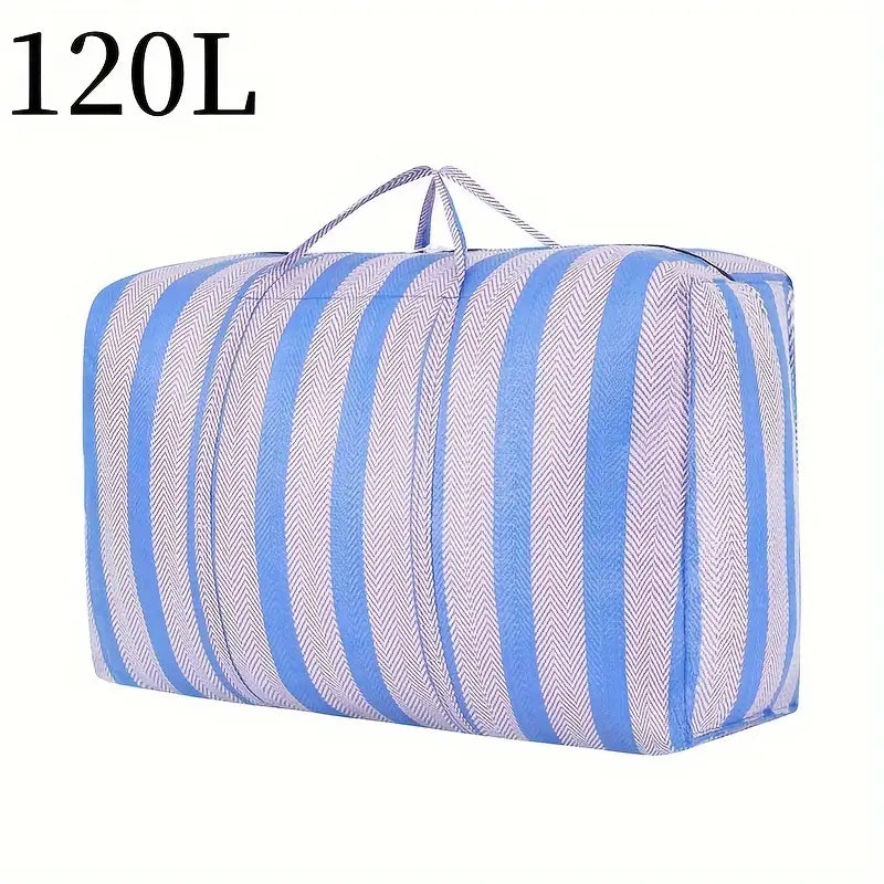 Sac de Rangement XXL 120L à Rayures – Grand Sac de Stockage Résistant pour Vêtements, Couvertures et Déménagement