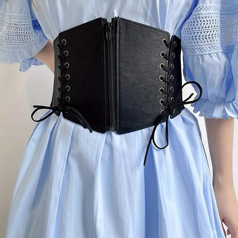 Ceinture Corset Femme Noire – Large à Lacets, Taille Haute Élastique, Accessoire Mode Chic