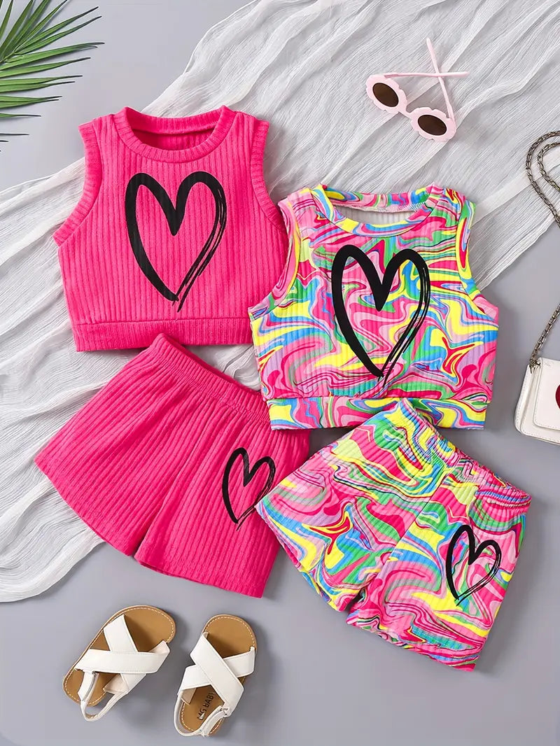 Hauts fille colorés sans manches avec imprimé cœur – Ensemble tendance été confortable