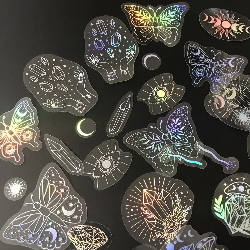Autocollants Holographiques Papillon et Motifs Mystiques – Stickers Brillants pour Ordinateur Portable, Tablette et DIY