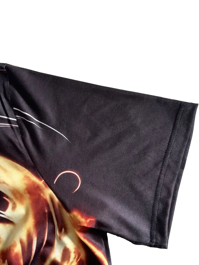 T-shirt fantaisie homme noir – Haut gothique dragon enflammé et crâne 3D réaliste
