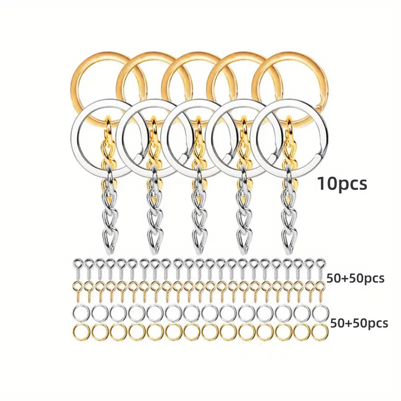 Kit d’accessoires porte-clés pour résine – 10 anneaux dorés et argentés + 100 embouts – Idéal pour créations DIY en moulage de bijoux