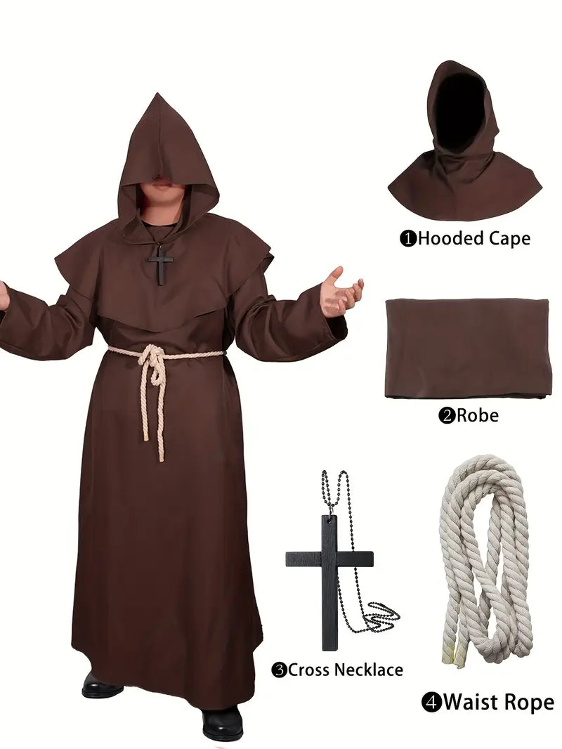 Robe de moine médiévale homme – Costume fantaisie religieux avec capuche et corde
