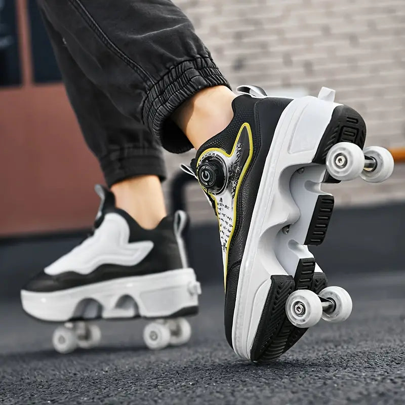 Chaussures de sport fille – Baskets à roulettes noires et blanches tendance avec semelle épaisse