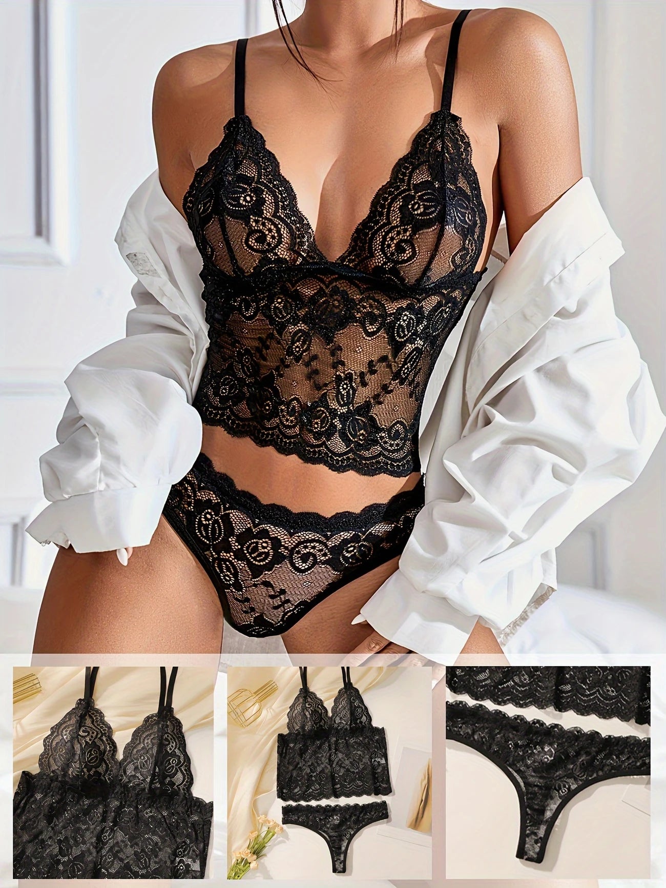Ensemble Lingerie Sexy Femme en Dentelle Transparente – Top Bralette Sans Armatures et Culotte Assortie