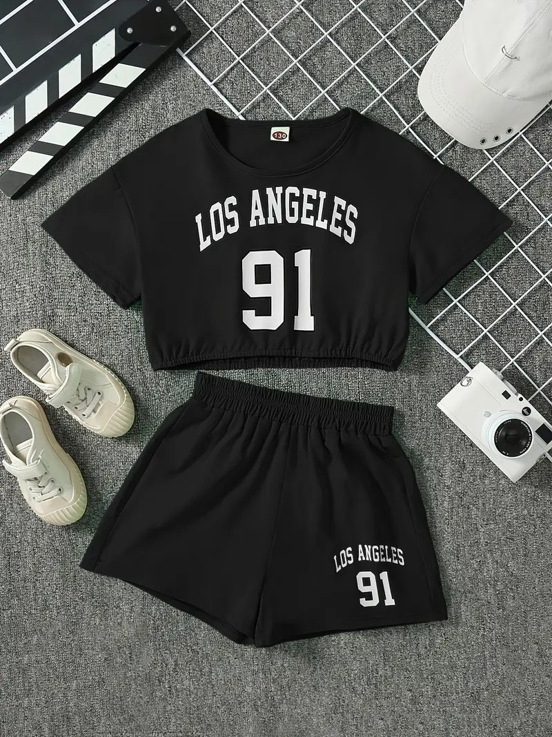 Chemise fille jaune style crop top avec imprimé Los Angeles – tenue sport et tendance