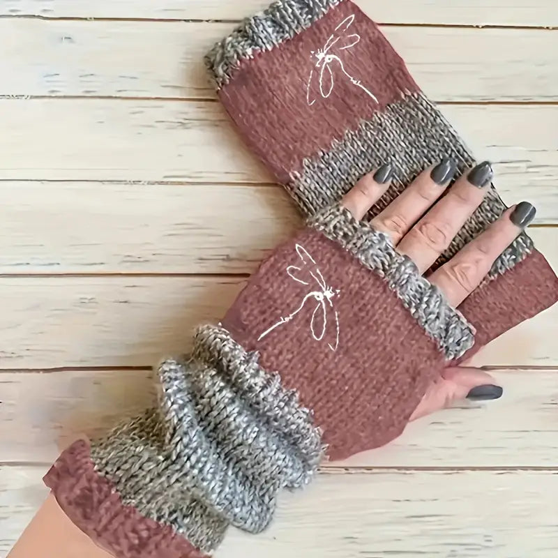 Mitaines en laine tricotées pour homme – Gants sans doigts chauds et confortables avec motif libellule