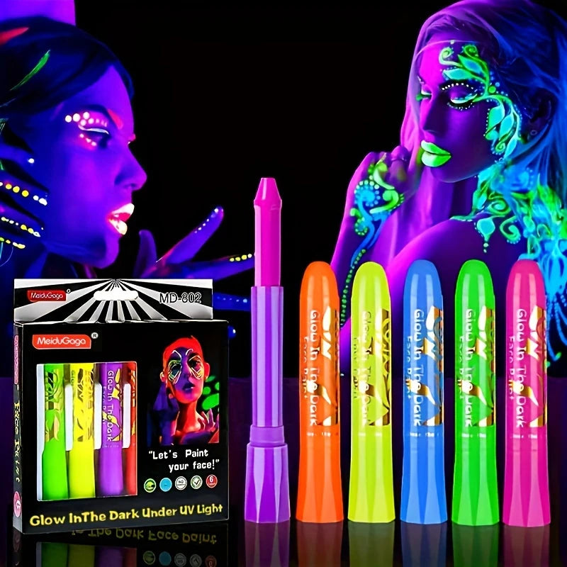 Crayons de Maquillage Fluorescents pour le Visage et le Corps – 6 Couleurs Vives Lavables