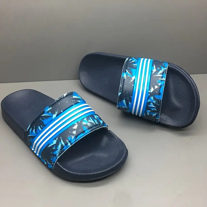 Sandales et pantoufles garçon – Claquettes de plage bleu marine avec imprimé palmiers et bandes blanches