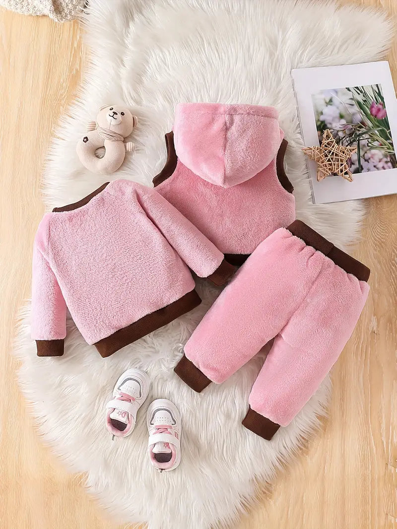 Ensemble Bébé Hiver en Polaire Rose – 3 Pièces Chaudes avec Sweat Ours, Gilet à Capuche et Pantalon