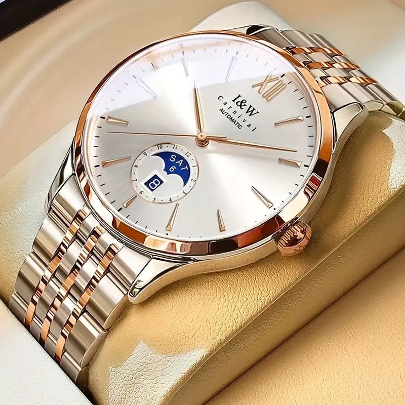 Montre homme automatique élégante – Acier inoxydable argenté avec calendrier et phase de lune