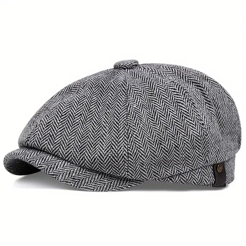 Casquette gavroche homme rétro – Chapeau plat en tweed à chevrons gris pour look vintage élégant
