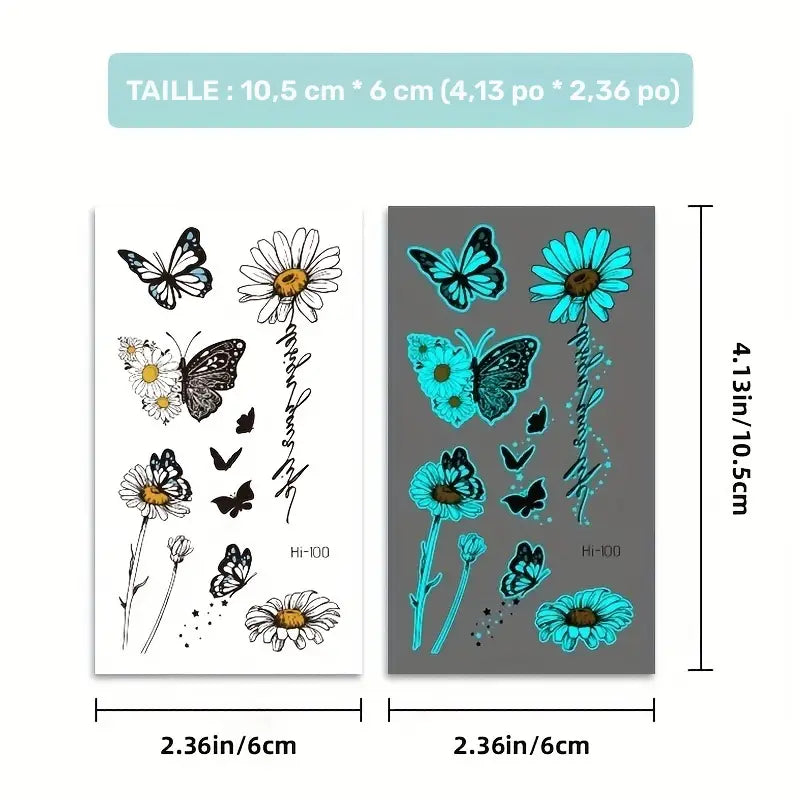 Tatouages Éphémères Papillons Jour & Nuit – 12 Feuilles Fluorescentes et Colorées pour Peau, Bras et Dos