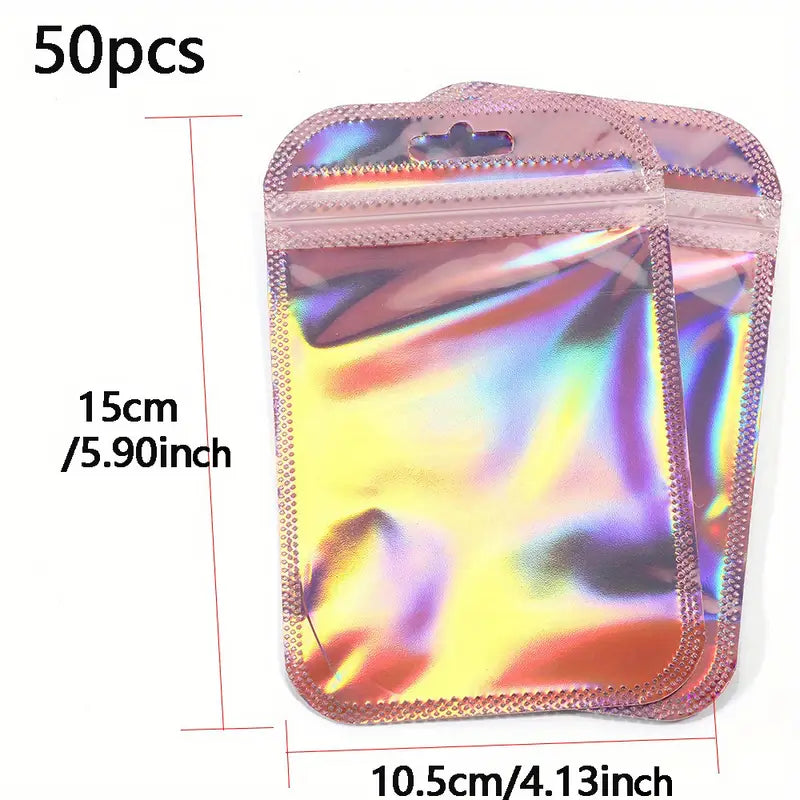 Sachets holographiques zip rose – Pochettes plastique refermables brillantes pour emballage cadeau, bijoux, bonbons ou artisanat
