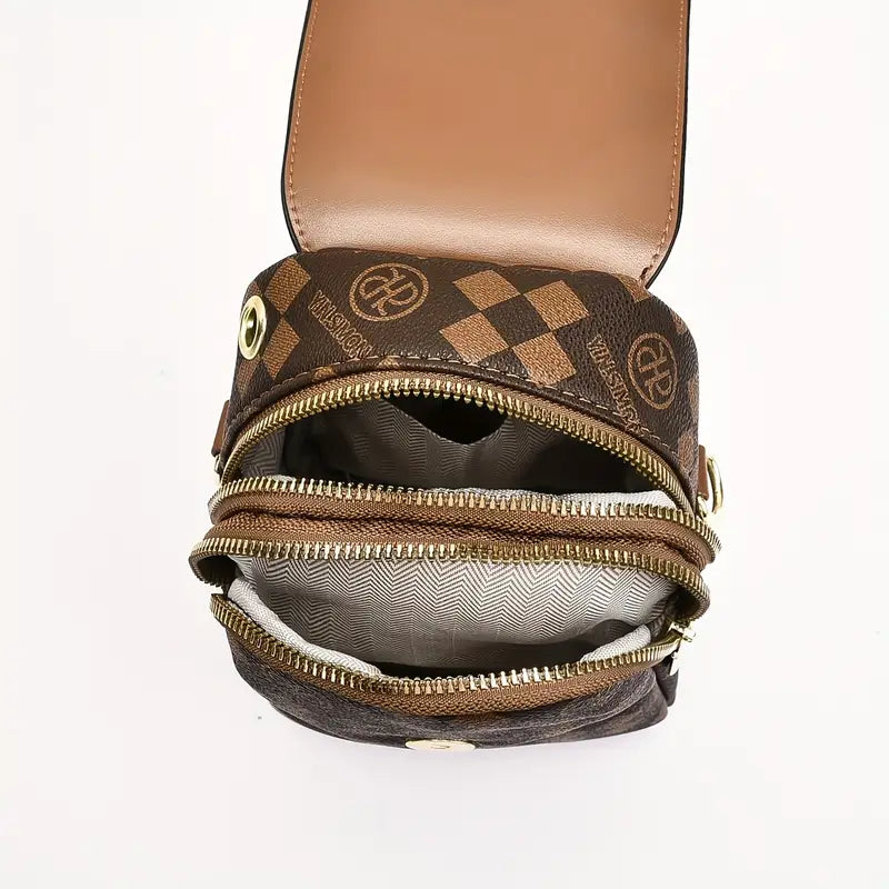 Sac Porté Épaule Femme Marron à Motif Carreaux avec Rabat et Bandoulière – Élégant et Pratique