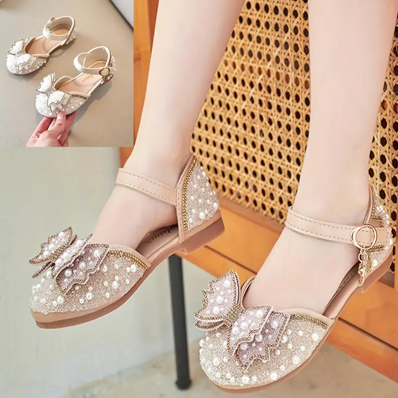 Ballerines fille blanches avec perles et grand nœud – Chaussures élégantes pour mariage, fête et cérémonie