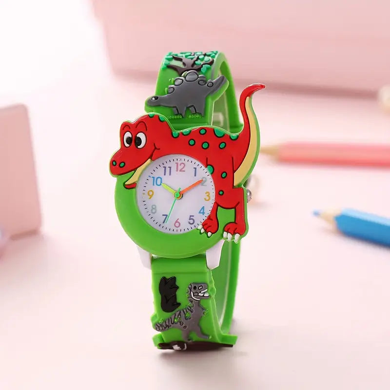 Montre Enfant Dinosaure Rouge – Bracelet Silicone Vert, Cadran Chiffres Colorés